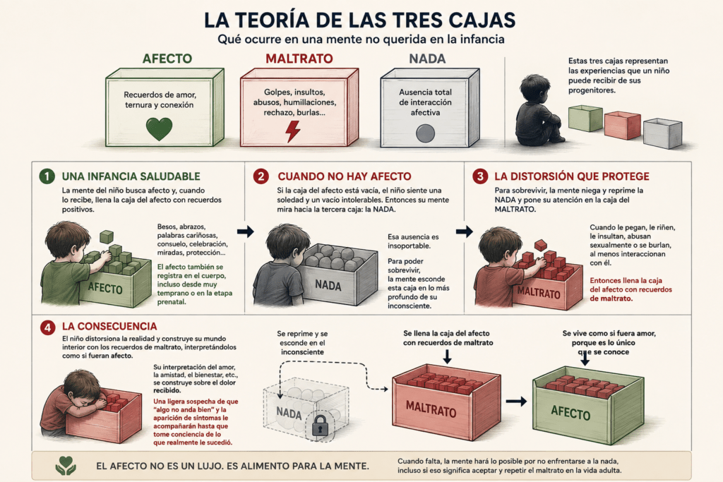 Ilustración de la teoría de las tres cajas: afecto, maltrato y nada, que explica cómo la falta de afecto en la infancia puede llevar a interpretar el maltrato como una forma de amor.